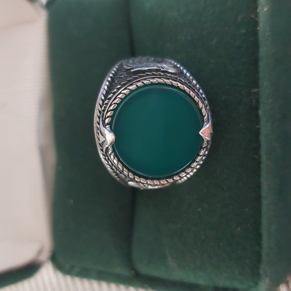 Sterling Silver Green Agate Oxidized Eagle Head Ring Sz9